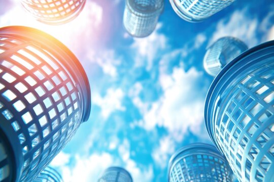 Looking Up at Modern Architectural Structures Under a Bright Sky with Clouds in the Background - Powered by Adobe