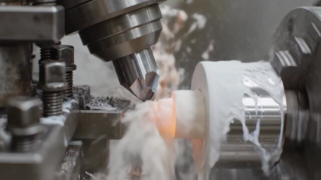 Precision Machining Tool in Action with Metal Parts and Chips Visible