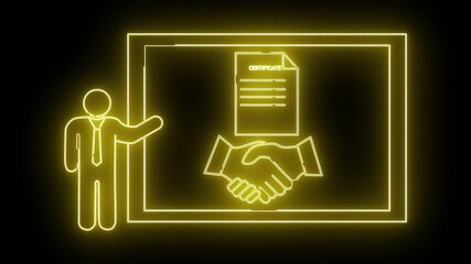 Yellow neon outlines a presenter next to a framed document with a handshake design on a black background