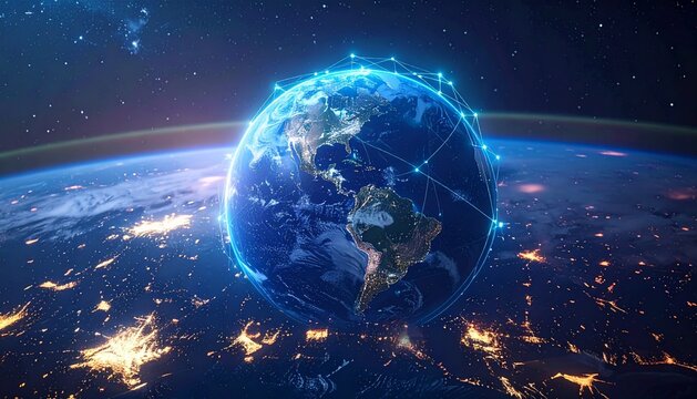 A glowing globe surrounded by network lines representing global communication through 5G technology.