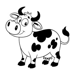 Whimsical black and white cartoon cow with big eyes and spotty pattern