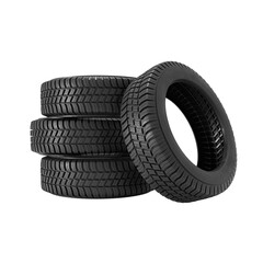  Stack of Four New Black All-Season Vehicle Tires with Detailed Tread Patterns, Symbolizing Automotive Commerce, Safety, and Inventory Supply