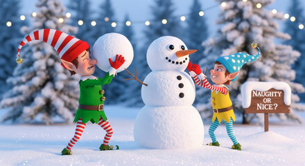 Funny Christmas Elves Building Snowman