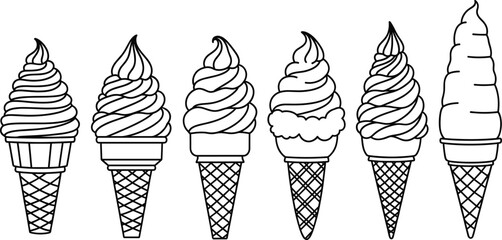 Ice cream cone silhouettes, black and white vector, swirl top designs, dessert icon set, sweet treat illustration, summer snack graphic