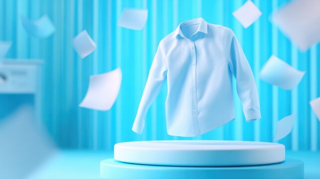 A floating blue shirt displayed in a modern studio with scattered papers and a soft blue background