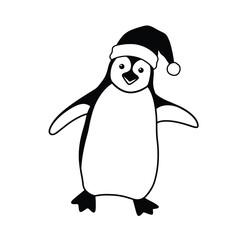 Black and white cartoon penguin wearing Santa hat vector