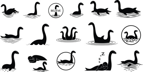 Loch Ness Monster silhouettes, black and white vector, mythical creature poses, swimming, sleeping, emerging, cartoon style, folklore illustration, fantasy icon