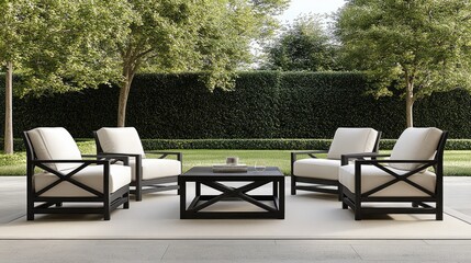 Obraz premium Chairs with cream cushions surround a dark wood table on beige carpet, inviting relaxation under soft natural light and greenery