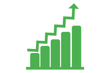 Green upward bar graph icon showing business growth and progress isolated on transparent background