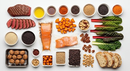 Naklejka premium Overhead shot of a variety of healthy food ingredients, including meat, fish, vegetables, and grains isolated on white background