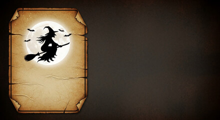 Silhouette of witch flying on broomstick against moon, on parchment scroll. Symbolizes Halloween, magic, and gothic concept. Free space for text