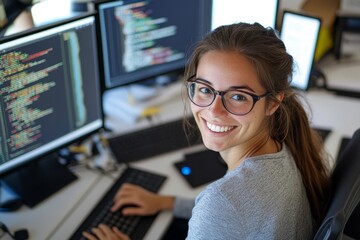 smiling female developer in glasses sitting at a desk with a computer,