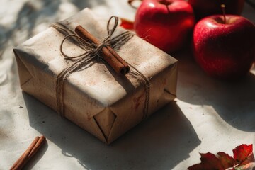 A beautifully crafted Autumn Gift Box with fresh Apples and Cinnamon Sticks for fall