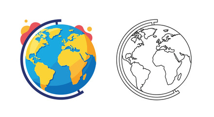 Globe Earth Illustration - Colorful and Outline Versions.