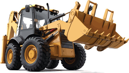 Yellow and black heavy construction loader machine with large bucket and strong tires, industrial equipment for building and excavation work