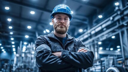 A bearded man in a blue hard hat and dark work clothes stands with arms crossed in an industrial factory setting.