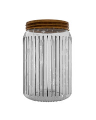 3D Render of an Empty Clear Glass Jar with a Ribbed Design and a Rustic Wooden Screw Lid, Perfect for Food Storage, Kitchen, Canning, and Home Organization Concepts