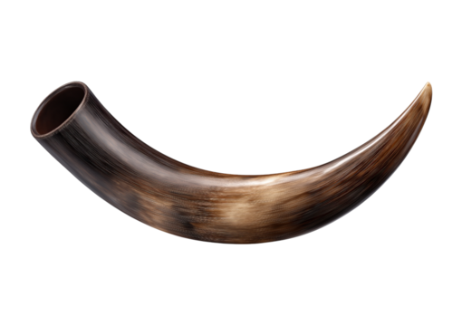 Curved brown horn with textured surface isolated on a transparent background