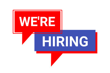 We’re hiring red and blue speech bubble banner isolated on transparent background