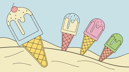Cute cartoon illustration of ice cream cones on a sunny beach in summer