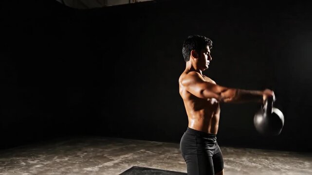 muscular indian man with defined torso working out in dark gym. athlete focused on strength training. bodybuilding and power concept. banner, website header with copyspace.
