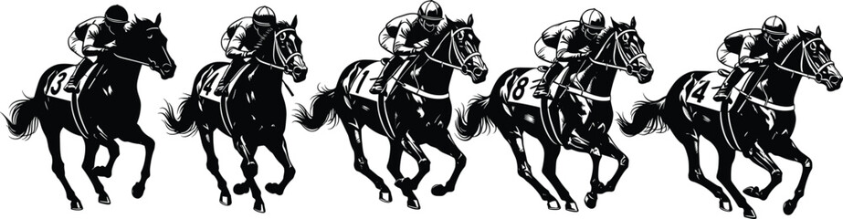 Horse racing silhouette bundle, black and white vector, jockey motion icons, competitive sport design, speed and action illustration, equestrian graphic set