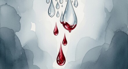 Abstract watercolor illustration of droplets, including red and clear, symbolizing emotions related to alcohol and recovery.