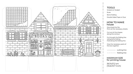 Winter Christmas Kids craft paper house. Bookstore. Cut and glue cartoon 3D toy doll house. Building paper craft model. Printable template