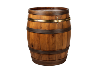 Wooden Barrel with Brass Trim isolated on a transparent background
