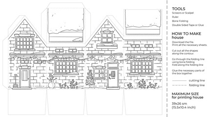 Winter Christmas Kids craft paper house. Cut and glue cartoon 3D toy doll house. Building paper craft model. Printable template