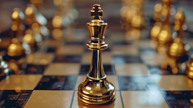 Video A golden chess piece on a wooden chess board