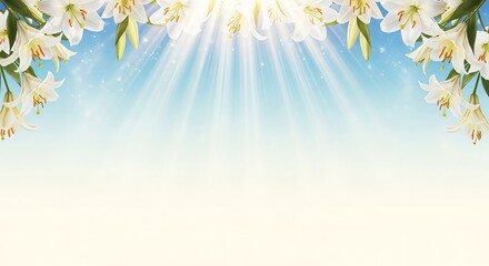 Día de la Inmaculada ethereal gradient from sky blue to cream white, cascading lilies under radiant light beams