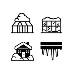 Naklejka premium Snow-covered greenhouse roof icon set, winter architecture and weather illustration