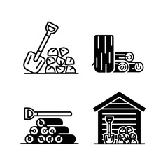 Fototapeta premium Shovel and firewood stack outdoors in winter yard, heating preparation and seasonal household work