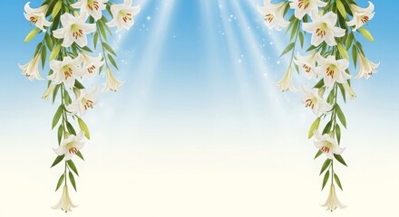 Día de la Inmaculada ethereal gradient from sky blue to cream white, cascading lilies under radiant light beams