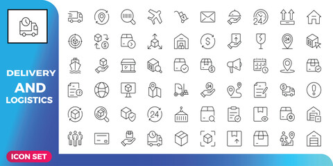 A Comprehensive Collection of Delivery and Logistics Icons Featuring Shipment, Tracking, Global Transportation, Location, and Warehouse Icons in a Detailed Icon Set