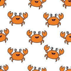 Fototapeta premium A seamless pattern featuring cheerful orange cartoon crabs on white background