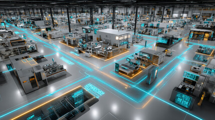 A futuristic, automated factory with numerous machines, illuminated by blue data lines, highlighting advanced manufacturing technology and automation.