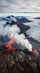 Aerial view of a volcanic eruption with glowing lava and smoke plumes
