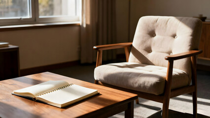 Cozy armchair beside wooden table with open notebook in warm light
