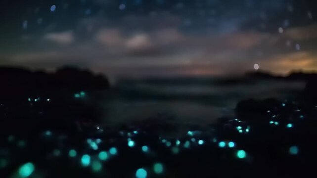 Surreal gathering of ethereal blue lights glowing mysteriously in a dark, natural landscape under a starry night sky