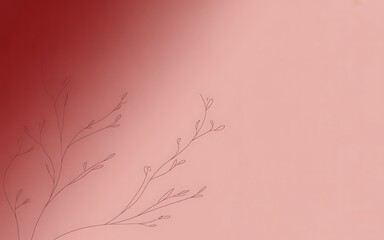 Fototapeta premium Delicate branch with leaves on soft pink and red gradient background