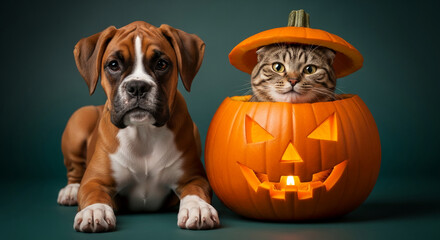 Dog lies near pumpkin, a cat sits inside, festive Halloween concept, sharing friendship and lighthearted seasonal celebration, pets in theme