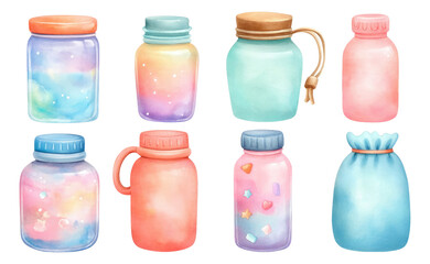Colorful Glass Jars and Bag Collection on Transparent Background for Design Use