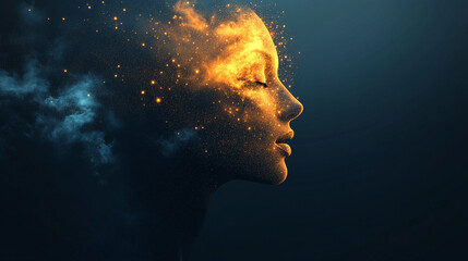 silhouette dissolving into glowing particles, symbolizing transformation, energy, digital evolution, and abstract concepts. Ideal for creative, futuristic, and conceptual visuals