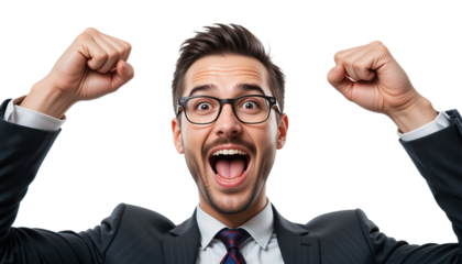 A happy businessman in suit shouting with the fist raised isolated on transparent background. Winner concept.