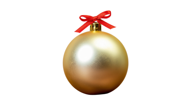 Golden christmas ornament with a small red ribbon bow on top, centered in the image on white background
