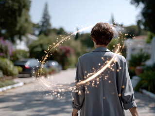 Woman walking with magical light trail, inspiration concept