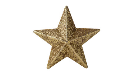 Obraz premium Golden glittery five-pointed star with textured surface, centered on a plain white background, isolated cutout