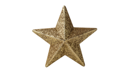 Golden glittery five-pointed star with textured surface, centered on a plain white background, isolated cutout